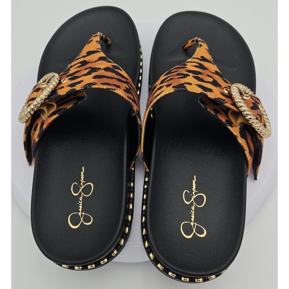 Jessica Simpson CYMMERI Slide Thong‎ Sandal Brown Cheetah Print Gold Buckle EUC - Picture 7 of 13